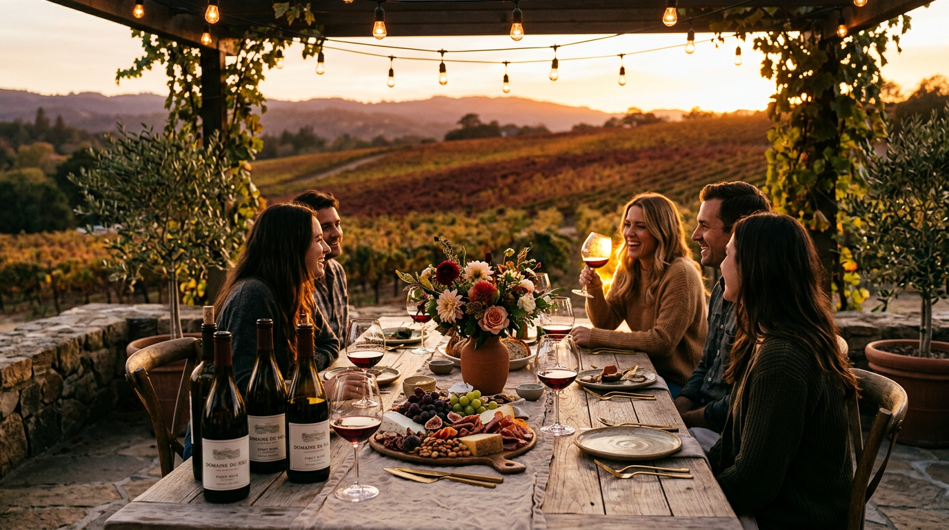 Wine country dinner table at golden hour with Sonoma vineyards in the background