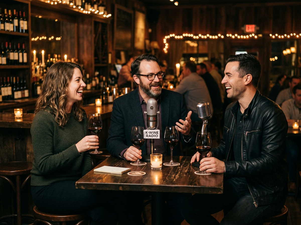 The hosts in conversation around vintage microphones at The Matheson